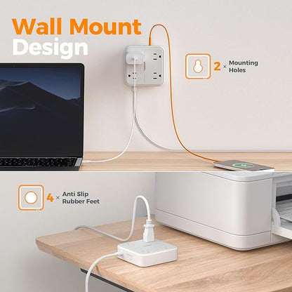 Surge Protector Power Strip, TESSAN Ring Pull Flat Plug Extension Cord 10 Ft with 3 USB (1 USB C) 4 Outlets, 900 Joules Protection, Desktop Charging Station for Home, Office, College, Dorm Room, Gray