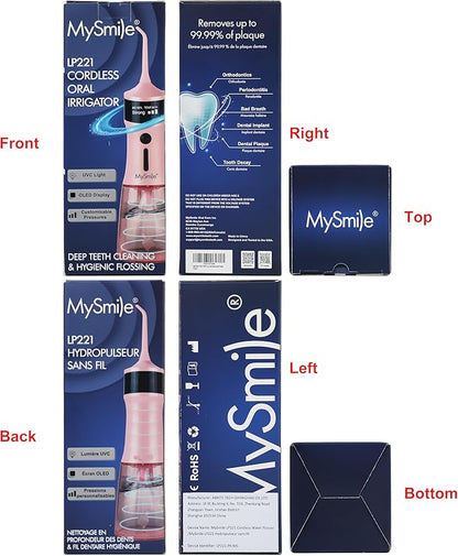 MySmile LP221 Cordless Water Flossers for Teeth with UVC Light Sanitizer and OLED Display, 335ML 4 Modes Water Teeth Cleaner Picks for Teeth Cleaning and Water Flossing (Juicy Pink)