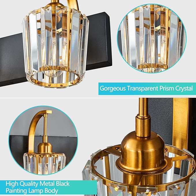 FDPBY Modern Bathroom Vanity Light, 3-Light Black Gold Wall Sconce with Crystal Accents, Over Mirror Bathroom Lighting Fixture, 23.62" Long Dimmable Vanity Lamp for Makeup, Easy Installation