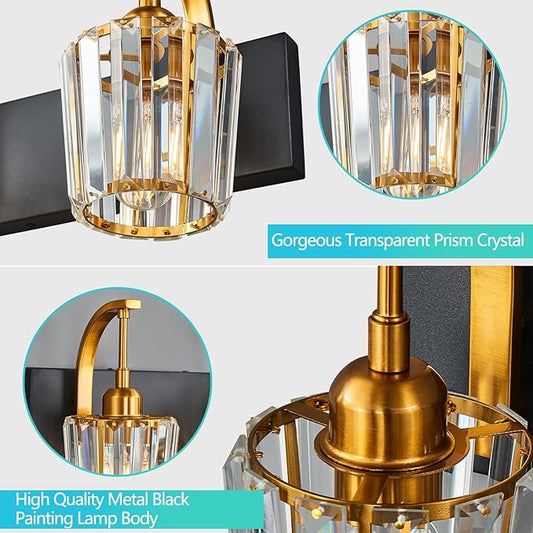 FDPBY Modern Bathroom Vanity Light, 3-Light Black Gold Wall Sconce with Crystal Accents, Over Mirror Bathroom Lighting Fixture, 23.62" Long Dimmable Vanity Lamp for Makeup, Easy Installation