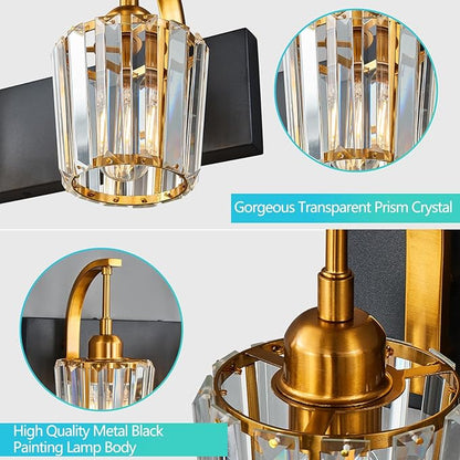 FDPBY Modern Bathroom Vanity Light, 4-Light Black Gold Wall Sconce with Crystal Accents, Over Mirror Bathroom Lighting Fixture, 32.67" Long Dimmable Vanity Lamp for Makeup, Easy Installation