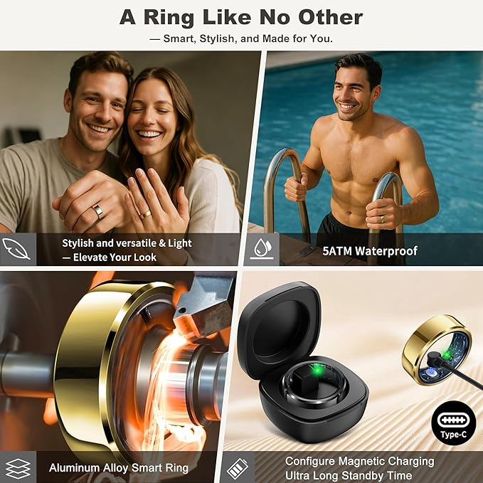 Smart Ring for Women Men, Fashion Minimalist Fitness Ring & Sleep Tracker Ring with Heart Rate, Blood Pressure, Waterproof Health Rings, Valentine's Day Gifts for Women, No Subscription (Size 8, Gold)