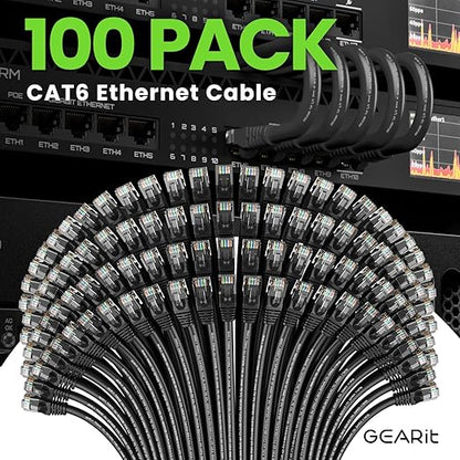 GEARit Cat 6 Ethernet Cable Pack - 100-Pack 1 ft Cat6 Ethernet Patch Cables | RJ45 Network Patch Cable, 10 Gbps Snagless Gold-Plated Connectors - Ethernet Cable Cat 6 for PC, TV, Router - Black