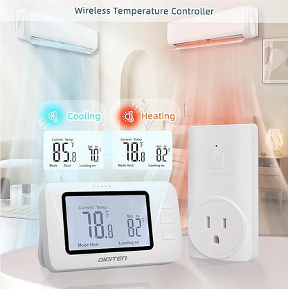 DIGITEN Wireless Thermostat WTC100 Pro Temperature Controller for Cooling & Heating, Remote Controlled Outlet, Easy-to-Use and Non-Programmable Plug in Thermostats for Home