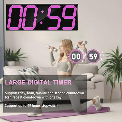 CHKOSDA LED Large Digital Wall Clock, Oversize Wall Clock with 6” Numbers, Remote Control Count up/Countdown Timer Clock, Auto Dimmer, Big Calendar and Thermometer(Purple)