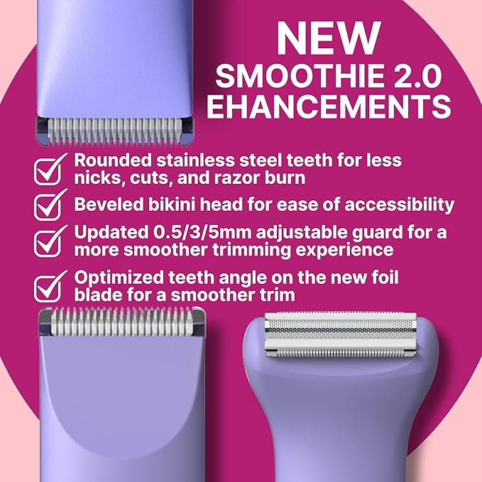 HAPPY CURVES Smoothie 2.0 Bikini Trimmer - Electric Razor for Women, Waterproof Hair Groomer with Adjustable Guards, Personal Shaver for Pubic Hair, Ladies Intimate Shaver and Body Trimmer (Berry)