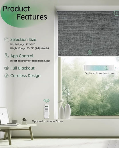 Yoolax Motorized Blinds App Control, Blackout Roller Shades for Windows, Cordless Automatic Shades Roller Window Blinds for Bedroom Living Room Office (Blackout Ashfall Gray, 34" W x 72" H)