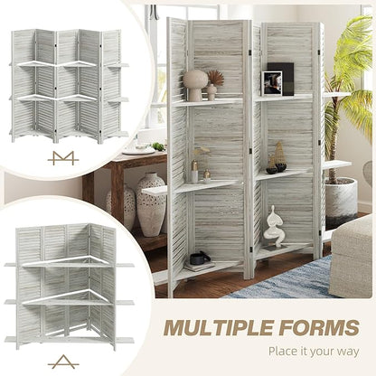 HOMCOM Room Divider, 5 Panel 67" Tall Wood Privacy Screen with 3 Display Shelves, and Folding Storage for Bedroom or Home Office, Distressed White