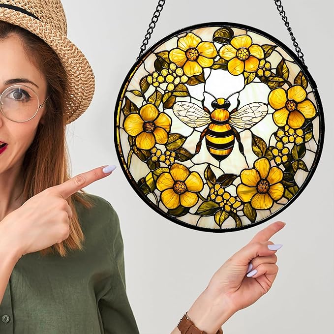AMDERVEN Stained Glass Window Hanging - Yellow Flowers Surrounded by Bees Sun Catcher for Door Garden Home Decor Cute Suncatcher Christmas Mother's Day Birthday Gifts for Women Men Mom Nana 11.8 in