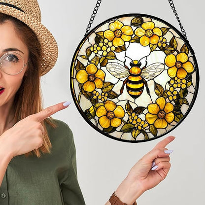 AMDERVEN Stained Glass Window Hanging - Yellow Flowers Surrounded by Bees Sun Catcher for Door Garden Home Decor Cute Suncatcher Christmas Mother's Day Birthday Gifts for Women Men Mom Nana 15 in