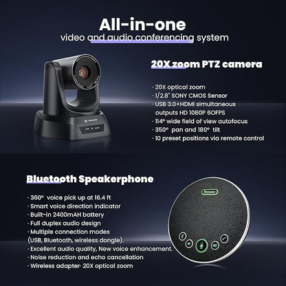 TONGVEO HDMI 20X Optical Zoom PTZ Conference Room Camera System, 1080P 60fps USB3.0 Computer Camera with Microphone & Bluetooth Speakerphone, Easy Setup for Church & Meetings