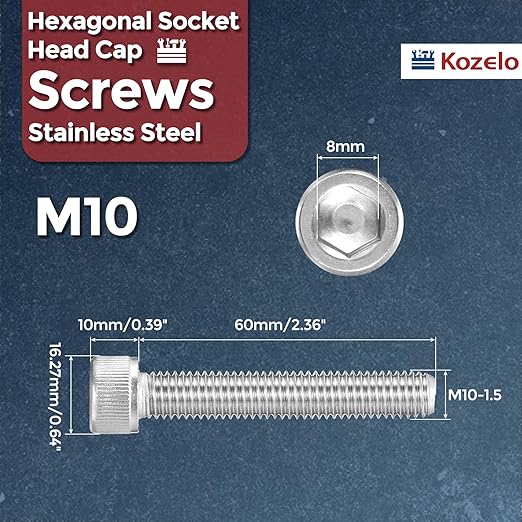 Kozelo 6pcs Socket Head Cap Screws - [M10-1.5 x 60mm] 304 Stainless Steel Allen Socket Drive for Electrical Motor 3D Printing Fan Engine Replacement Use, Silver