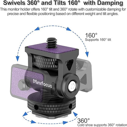 MINIFOCUS Camera Monitor Mount with Cold Shoe, 1/4" Screw for 5" & 7" Field Monitor, Swivel 360° and Tilt 160° Holder for Camera Phone Cage LED Video Light