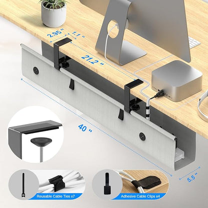 KIGJU Under Desk Cable Management Tray, 40-inch No-Drill Cord Organizer with Anti-Sag Reinforced Base, Fabric Wire Management Hider for Standing Desk, Office & Gaming Accessories - Grey