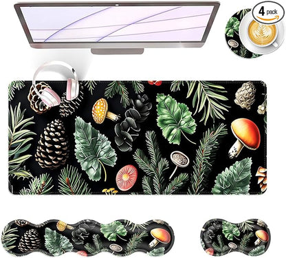 BFUKVOU Large Keyboard Mouse Pad Set, Extended Mouse Pad+Keyboard Wrist Rest Support, Memory Foam Ergonomic Easy Typing, 4Pcs (31.5×11.8 in) Desk Pad Set for Office Home,Mushrooms and Leaves
