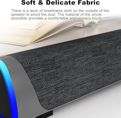SOULION R30 Computer Speakers, USB Powered PC Speaker, Colorful LED Lights with Switch Button, 3.5mm Aux Surround Soundbar for Desktop Laptop Monitor Office Work Music Gray