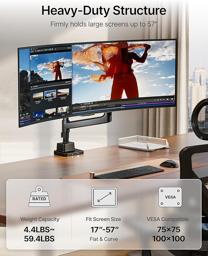 monTEK Heavy-Duty Single Monitor Arm for 17-57 inch, up to 59.4lbs Ultrawide Screens,Gas Spring Dual Curved Adjustable Monitor Stand for Desk,75/100mm VESA Mount with USB，Black