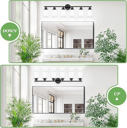 Guliaofo 6-Light Bathroom Light Fixtures, Vanity Lights for Mirror with Textured Milky White Glass Shade, E26 Base Modern Kitchen Light Fixtures Wall Sconce Light - Black