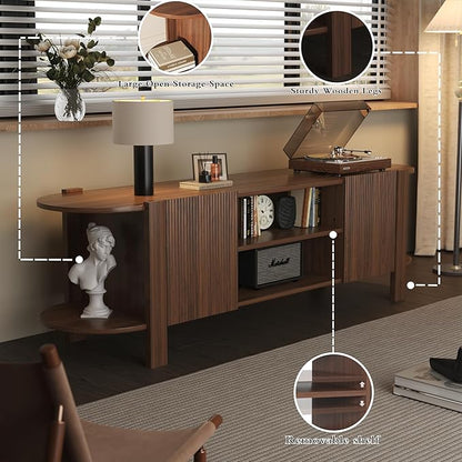 ZOSQUARE 65 Inch TV Stand for Up to 75 inch TVs, Fluted Entertainment Center with Adjustable Shelve, Curved Round Corner TV Console Table with Storage Cabinet for Living Room, Bed Room (Walnut Color)