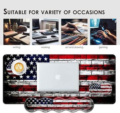 BFUKVOU Large Keyboard Mouse Pad Set, Extended Mouse Pad+Keyboard Wrist Rest Support, Memory Foam Ergonomic Easy Typing, 4Pcs (31.5×11.8 in) Desk Pad Set for Office Home,American Flag on Brick Wall