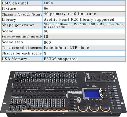 Professional DMX512 Stage Lighting Controller, Mini Pearl Stage Light Console,1024 Channels, 96 Fixtures, 60 Scenes, USB R20 Compatible