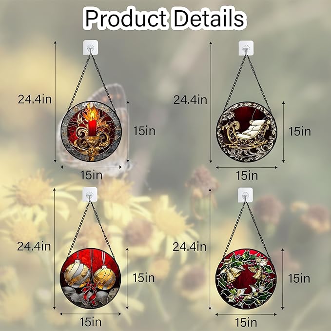 AMDERVEN Stained Glass Window Hanging 4 Pcs Set Christmas Golden Bell Sleigh Large 15" - Suncatcher Door Garden Sun Catcher Decor Birthday Mother's Day Xmas Gifts for Mom Woman Nana Men Parents
