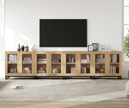 WAMPAT Modern TV Stand with Glass Doors for 120 inch TVs, 4 in 1 Entertainment Center Console with Adjustable Shelves and Metal Base for Living Room, Bedroom, Oak
