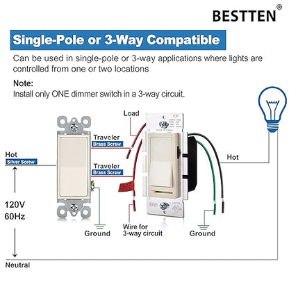 BESTTEN 6 Pack Dimmer Wall Light Switch, Compatible with Dimmable LED, CFL, Incandescent and Halogen Bulb, Single Pole or 3-Way Dimmer Switches, 120VAC, Decorator Wallplate Included, Almond