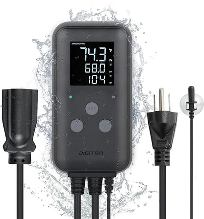 DIGITEN Waterproof Digital Temperature Controller for Aquarium, Greenhouse & Outdoor Heating - 10A Heat Mat Thermostat Controller