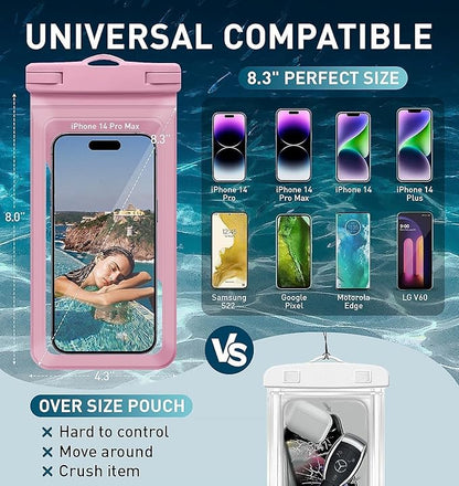 Waterproof Phone Pouch,with Inside Card Bag, Large Waterproof Case for iPhone 16 15 14 13 Pro Max,IPX8 Certified and Lightweigt Cellphone Dry Bag Beach Cruise Ship Essentials, 1 Pack-Pink-8.3″