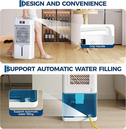 Portable Evaporative Air Cooler, 2.6Gal Touch Screen Cooler Fan with Remote Control, 6 Speeds 3 Modes LED Display, Quiet 3-in-1 Cooling, Ice Packs & Rolling Casters Included, for Bedroom Home Office