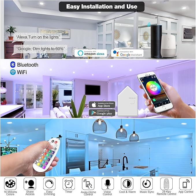 VANANCE Smart Can Light 6 Inch, Multicolorred, Dimmeble, 2700K-6500K CCT Selectable, RGB Remote LED Recessed Lighting 4 Pack, WiFi & Bluetooth LED Downlight, Compatible with Alexa Google Home