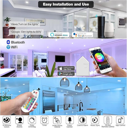 VANANCE 3" Smart Recessed Light 12Pack, Compatible with Alexa Google Home, WiFi & Bluetooth, RGBCW, 2700K~6500K CCT Selectable, Dimmeble, Multicolor, 3 Inch Remote Control Can-Killer LED Downlight