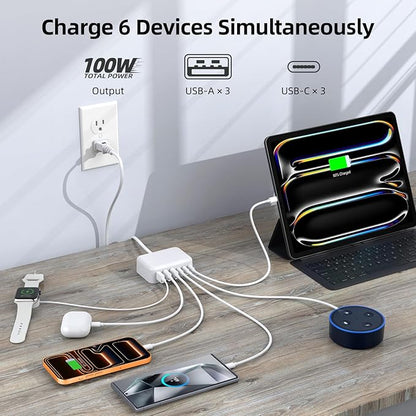 USB C Charger Block, 100W GaN 6 Port PD USB C QC USB A Wall Charger Adapter Plug Cube, Super Fast Type C Charging Station Hub for iPhone 17 16 15 14 13 Pro Max iPad Samsung Pixel 5ft Extension Cord