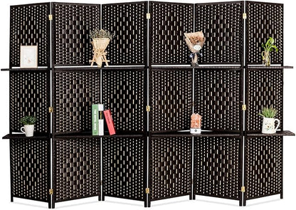 Bonnlo Upgraded Heavy Duty 6FT Tall Rattan Room Divider Screens with Partition Wall 2 Display Shelves, Indoor Folding Screen Dual-Sided Hinges for Home Office (6 Panels)
