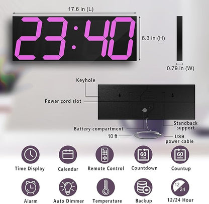 CHKOSDA LED Large Digital Wall Clock, Oversize Wall Clock with 6” Numbers, Remote Control Count up/Countdown Timer Clock, Auto Dimmer, Big Calendar and Thermometer(Purple)