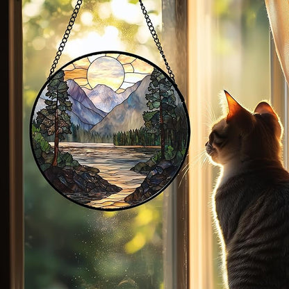 AMDERVEN Stained Glass Window Hanging, Sunset Mountains Lake Tree Sun Catcher for Window Home Decor Landscape Suncatcher Mother's Day Birthday Gifts for Women Men Mom and Nana 9.8 in