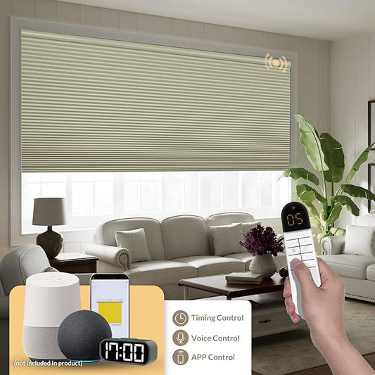 Boolegon No Drill Motorized Cellular Blinds with Remote Motorized Blackout Honeycomb Blinds for Indoor Windows Easy to Install Automatic Cellular Shades for Home,Blackout Beige,Custom Size