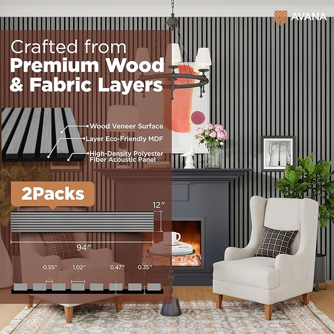 Avana Acoustic Wood Wall Panels – 94.4 x 12.6 Inch Gray Oak Acoustic Panels 2 PCs – Wall Panels For Interior Wall Decor For Homes, Offices, Studios – Pleasing Decorative Wood Panels For Wall