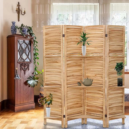 4 Panel Room Divider with Shelves, Room Dividers and Folding Privacy Screens, Folding Room Dividers 4 Panel, Wood Room Divider with 3 Display Shelves for Home Office (Natural)