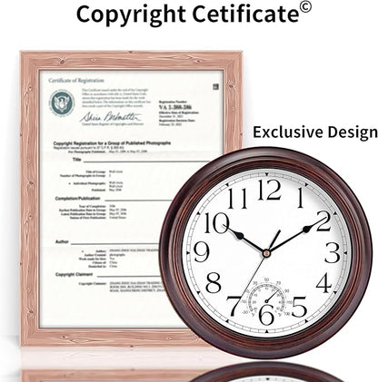 KECYET 10 Inch Outdoor Wall Clock with Thermometers, Vintage Silent Wall Clocks Battery Operated, Retro Non-Ticking Clock Decorative for Living Room, Patio, Kitchen, Office, Bathroom, Bedroom(Bronze)