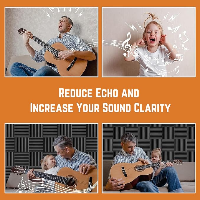 Saiqiang Acoustic Foam Panels Sound Absorbing 12 Pack - 1" X 12"X 12" Sound Proof Panels Noise Reducing for Walls, High Density Sound Deadening Panels Black Wedge for Studio Recording & Office & Home