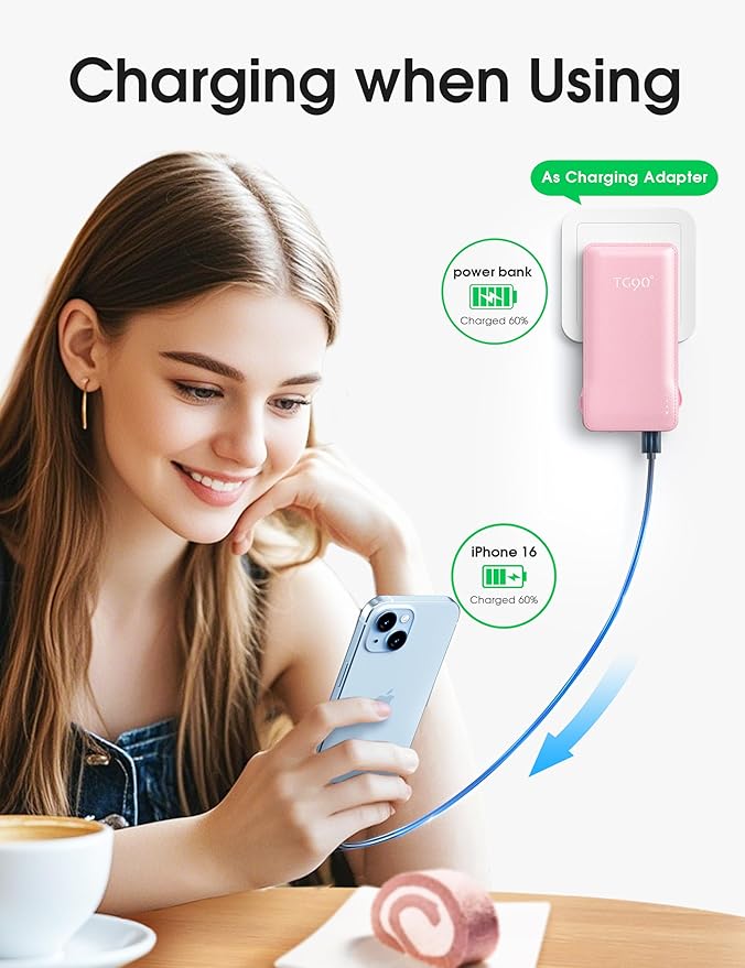TG90° 2 Pack Slim 10000mAh Power Bank Built-in Foldable AC Wall Plug and Cables,Ultra Compact Cell Phone Charger,Pocket Size USB C Portable Charger Compatible with iPhone Samsung,Black & Pink