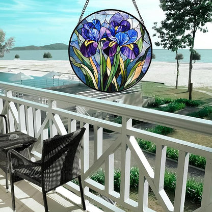 CRISGIF Stained Glass Window Hanging - Blue Purple Iris Flower Suncatcher for Door Garden Patio Sun Catchers Decor Christmas Mother's Day Birthday Gifts for Women Men Mom Nana Aunt Friend 9.8 in