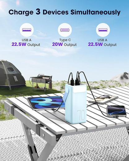 Aterob Portable Charger Power Bank 70000mAh, 22.5W Fast Charging USB C Battery Pack, 3 Outputs, LED Display & LED Light, External Huge Capacity Battery Bank for iPhone 16/15/14, Samsung, iPad, etc