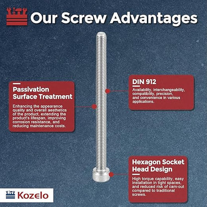 Kozelo 2pcs Socket Head Cap Screws - [M8-1.25 x 120mm] 304 Stainless Steel Allen Socket Drive for Electrical Motor 3D Printing Fan Engine Replacement Use, Silver