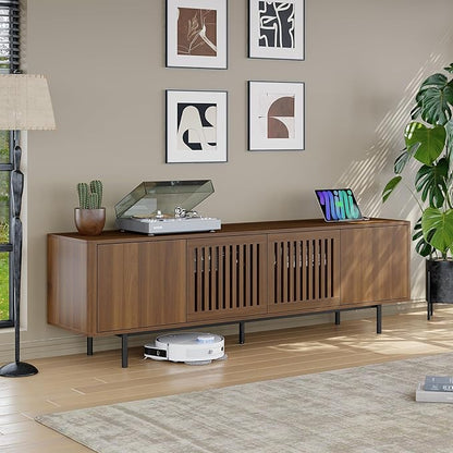 WODNITURE 71inch TV Stand with Storage & 2 Drawers, Mid-Century Modern TV Stand for Tvs Up to 88", Wood Entertainment Center with Charging Station for Living Room, Bedroom