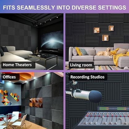 JBER 12 Pack Sound Proof Foam Panels, 1" X 12" X 12" Self-Adhesive Acoustic Foam Panels, Acoustic Panels Wedges High Density, Soundproof Wall Panels for Treatment Home Studio - Black