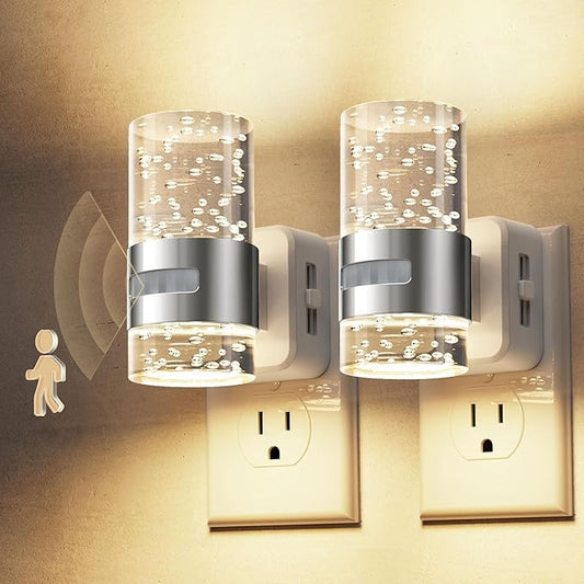 L LOHAS LED Motion Sensor Night Light,Dimmable Night Lights Plug into Wall, 2 Pack 3000K Night-Lights with 0-100 LM Adjustable, Acrylic Bubble Plug in Nightlight for Bathroom Hallway Nursery