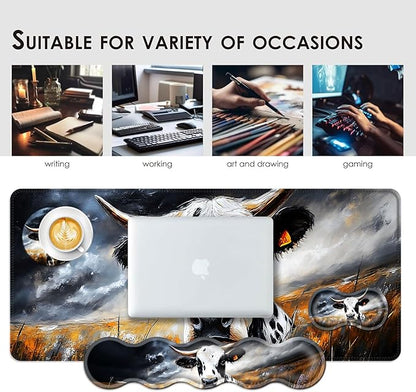 BFUKVOU Large Keyboard Mouse Pad Set, Extended Mouse Pad+Keyboard Wrist Rest Support, Memory Foam Ergonomic Easy Typing, 4Pcs (31.5×11.8 in) Desk Pad Set for Office Home,Cute Cow